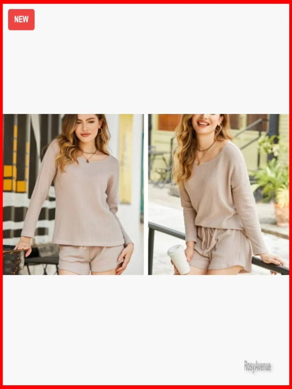 Waffle Knit Pajama Sets Long Sleeve Top and Shorts Matching Lounge Set with